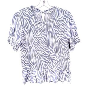 THML Smocked Ruffle Animal Print Blouse Women's Light Blue White Cotton Stretch